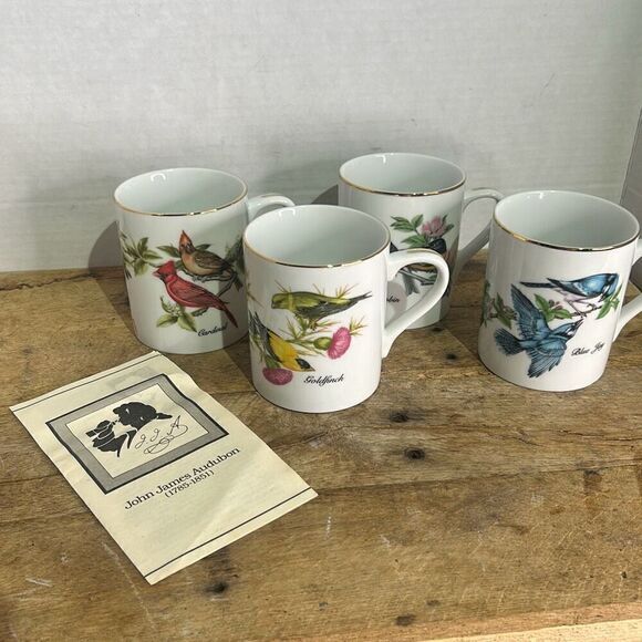 Vintage John James Audubon Porcelains 1985 Coffee Cup Birds Floral Mugs Set of 4 - Picture 1 of 13